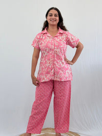 Pastel Pink Floral Printed Kantha Cotton Shirt Pyjama Set | Free Size |