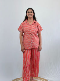 Orange Floral Printed Kantha Cotton Shirt Pyjama Set | Free Size |