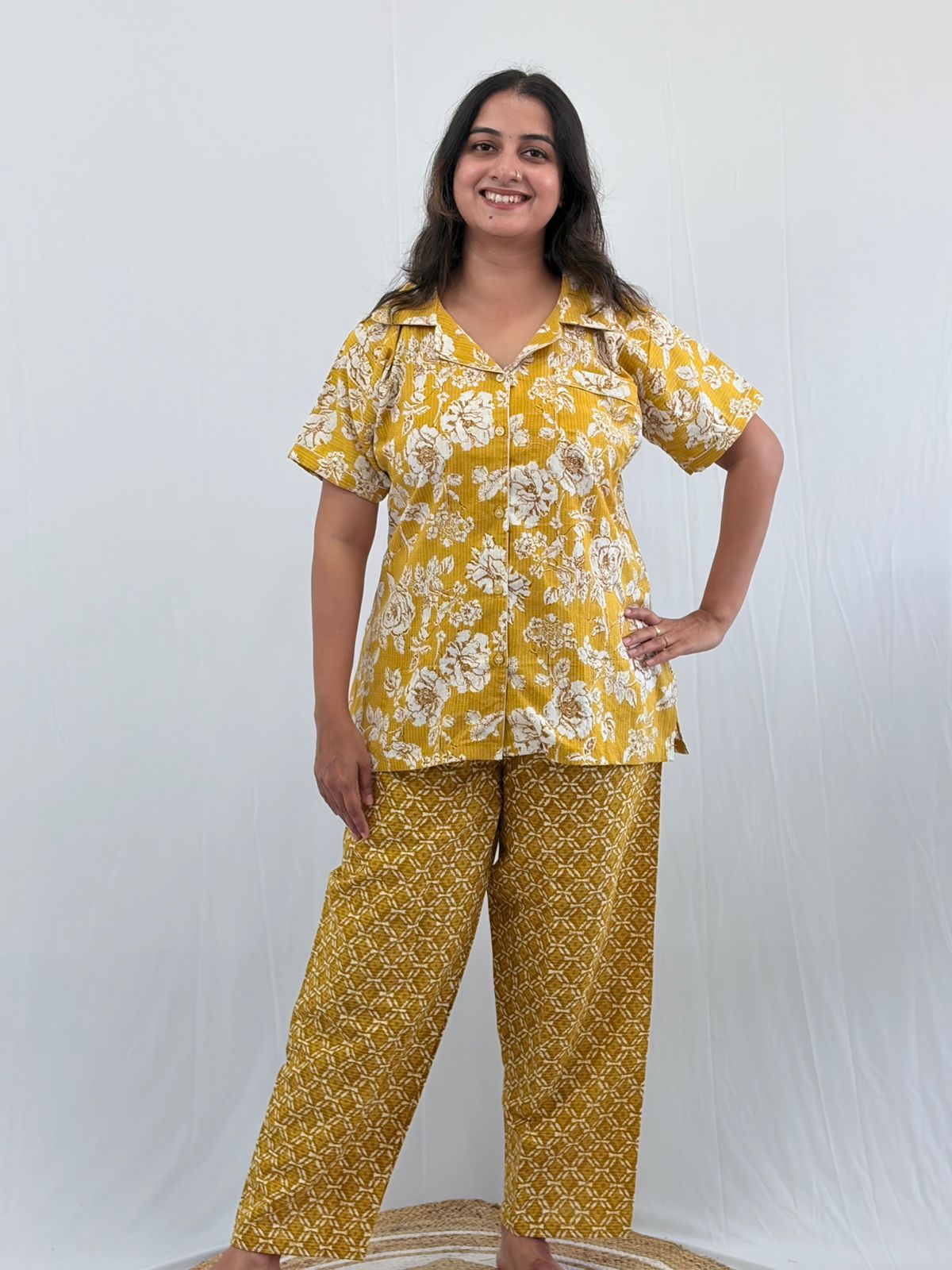 Yellow Floral Printed Kantha Cotton Shirt Pyjama Set | Free Size |