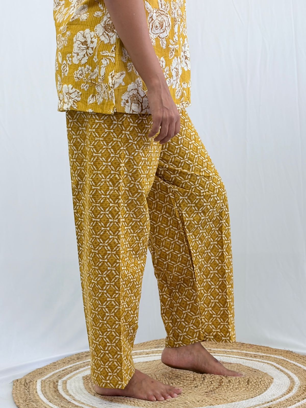 Yellow Floral Printed Kantha Cotton Shirt Pyjama Set | Free Size |