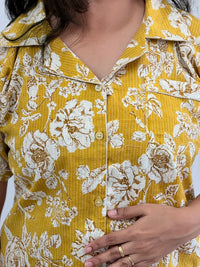 Yellow Floral Printed Kantha Cotton Shirt Pyjama Set | Free Size |