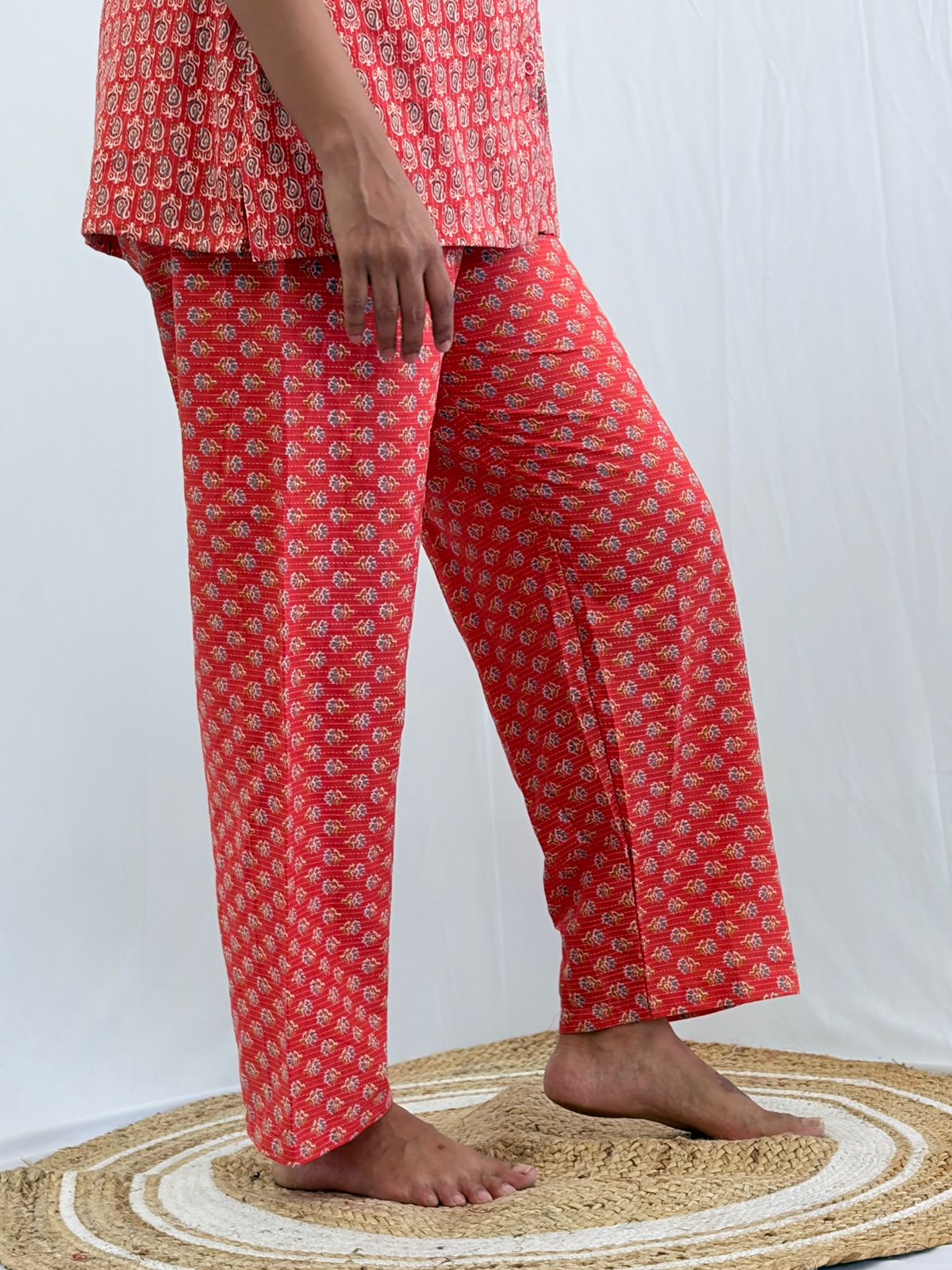 Orange Floral Printed Kantha Cotton Shirt Pyjama Set | Free Size |
