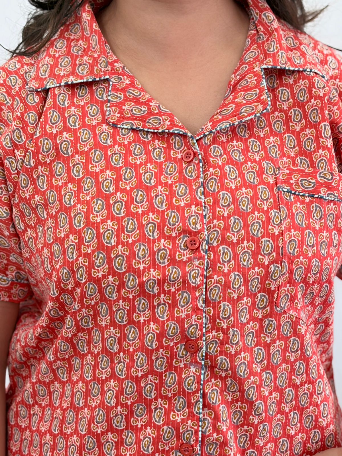 Orange Floral Printed Kantha Cotton Shirt Pyjama Set | Free Size |