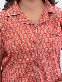 Orange Floral Printed Kantha Cotton Shirt Pyjama Set | Free Size |