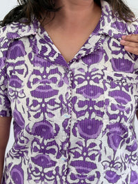 Violet Floral Printed Kantha Cotton Shirt Pyjama Set | Free Size |
