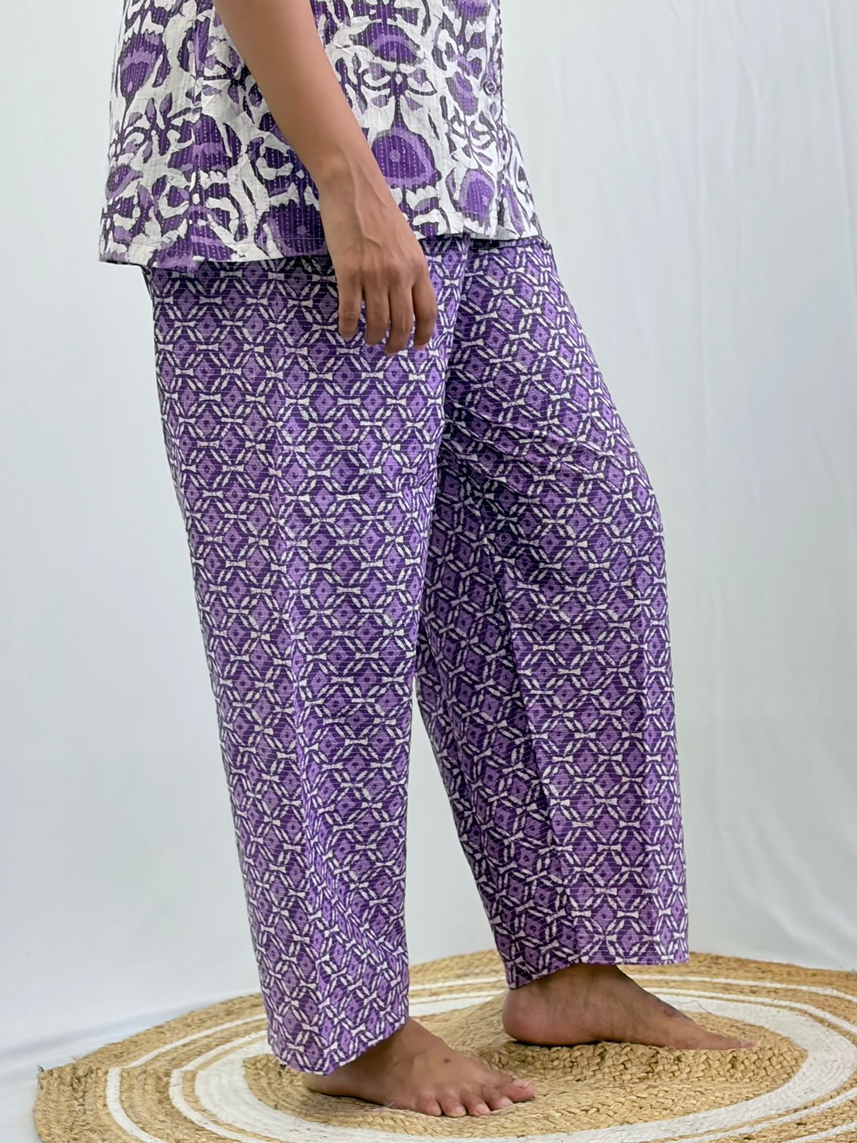 Violet Floral Printed Kantha Cotton Shirt Pyjama Set | Free Size |
