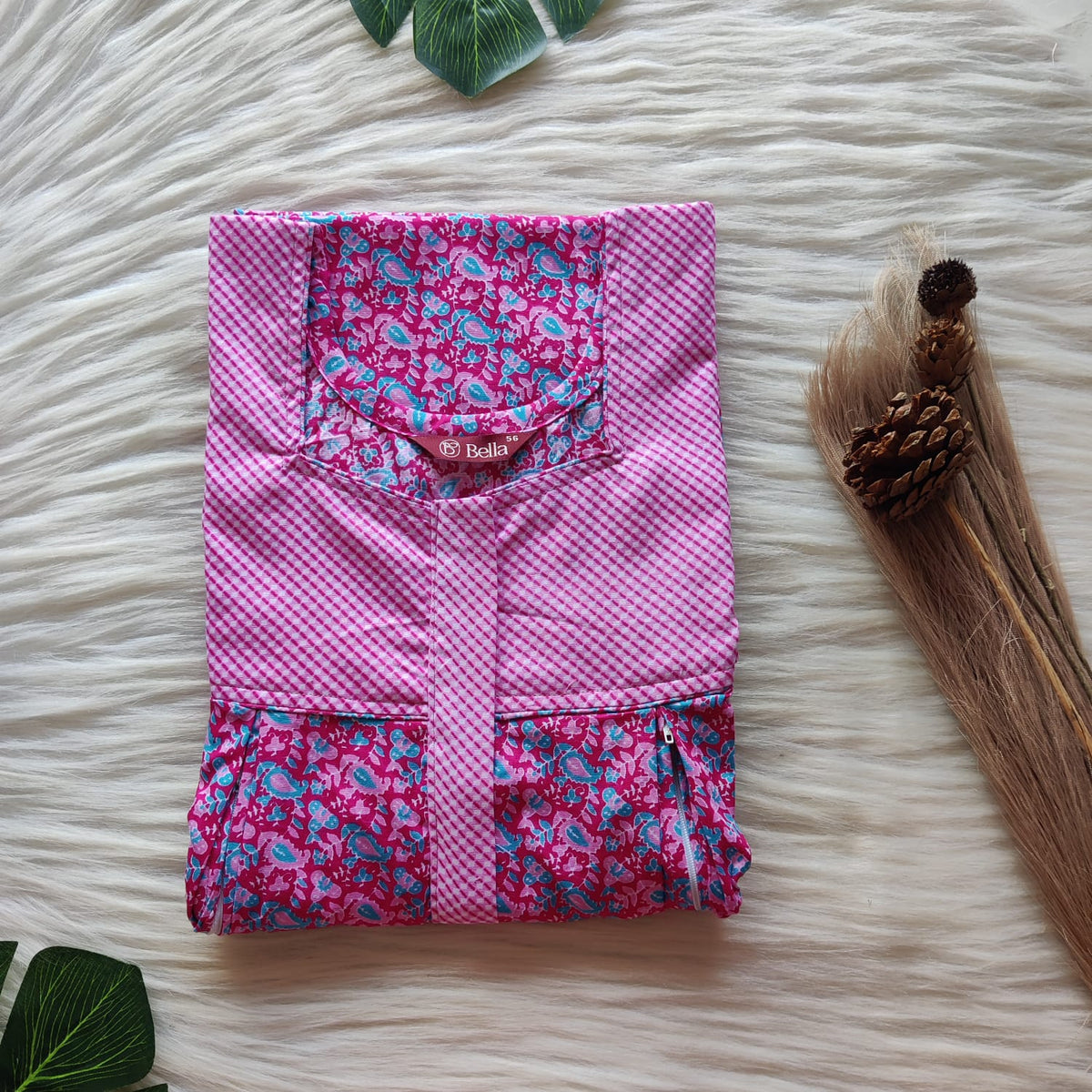 Pink And Blue Printed Premium Cotton Pleated Vertical Zip Feeding Nighty | Free Size | Chest Width 44″| Length 54″-56″