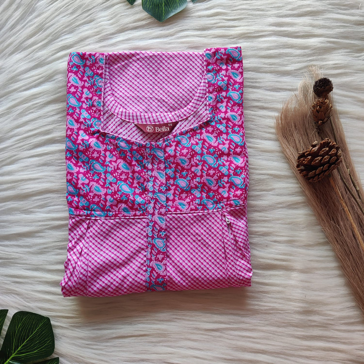 Blue And Pink Printed Premium Cotton Pleated Vertical Zip Feeding Nighty | Free Size | Chest Width 44″| Length 54″-56″