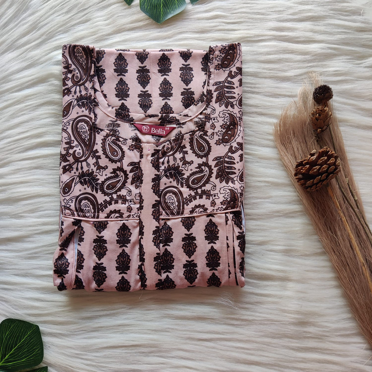 Dark And Pale Brown Printed Premium Cotton Pleated Vertical Zip Feeding Nighty | Free Size | Chest Width 44″| Length 54″-56″