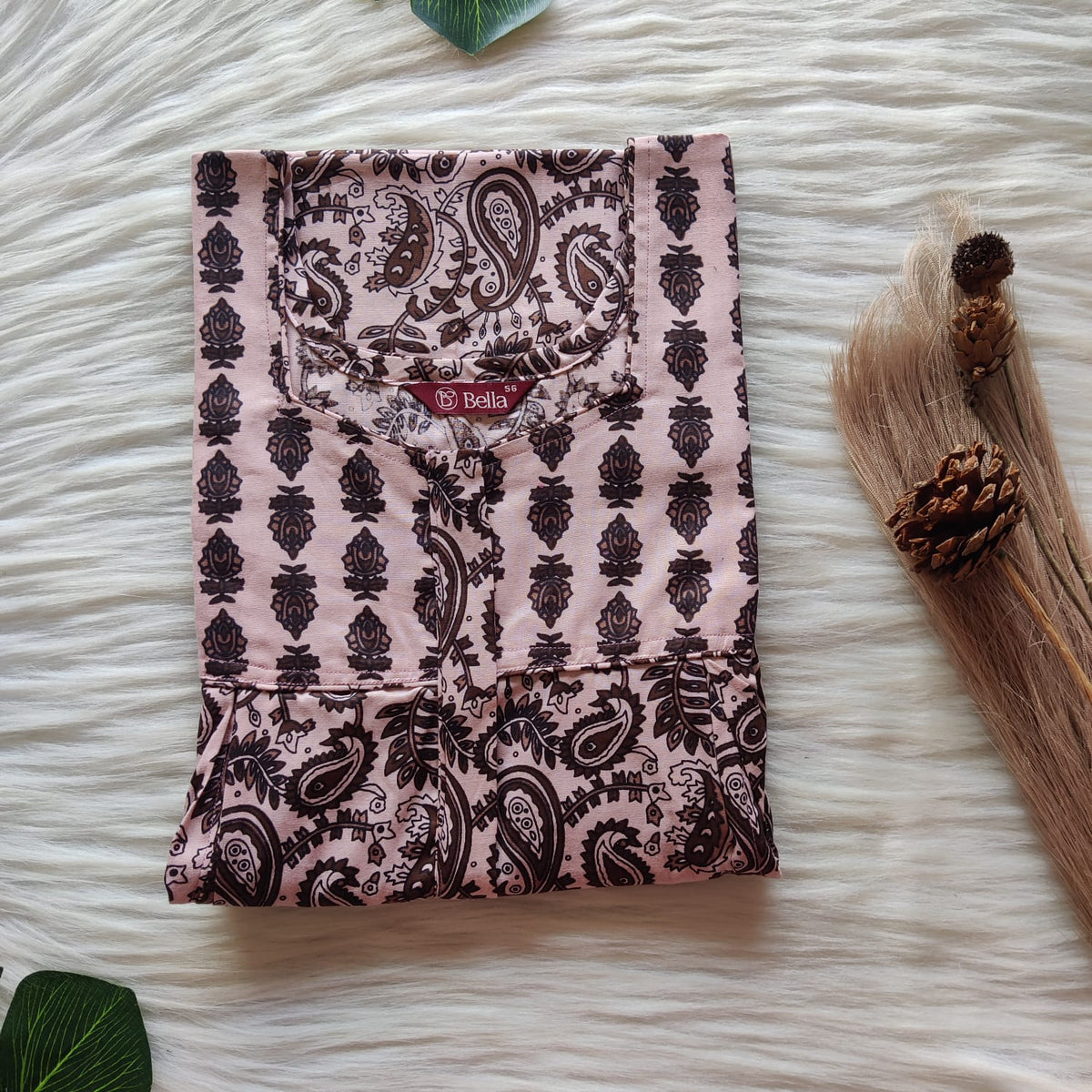 Pale And Dark Brown Kalamkari Printed Premium Cotton Pleated Vertical Zip Feeding Nighty | Free Size | Chest Width 44″| Length 54″-56″