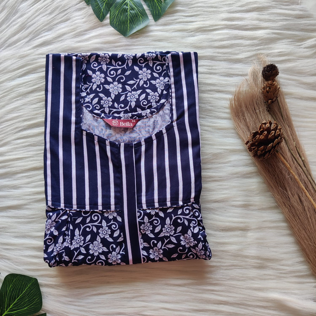 Navy Blue And White Floral Printed Premium Cotton Pleated Vertical Zip Feeding Nighty | Free Size | Chest Width 44″| Length 54″-56″