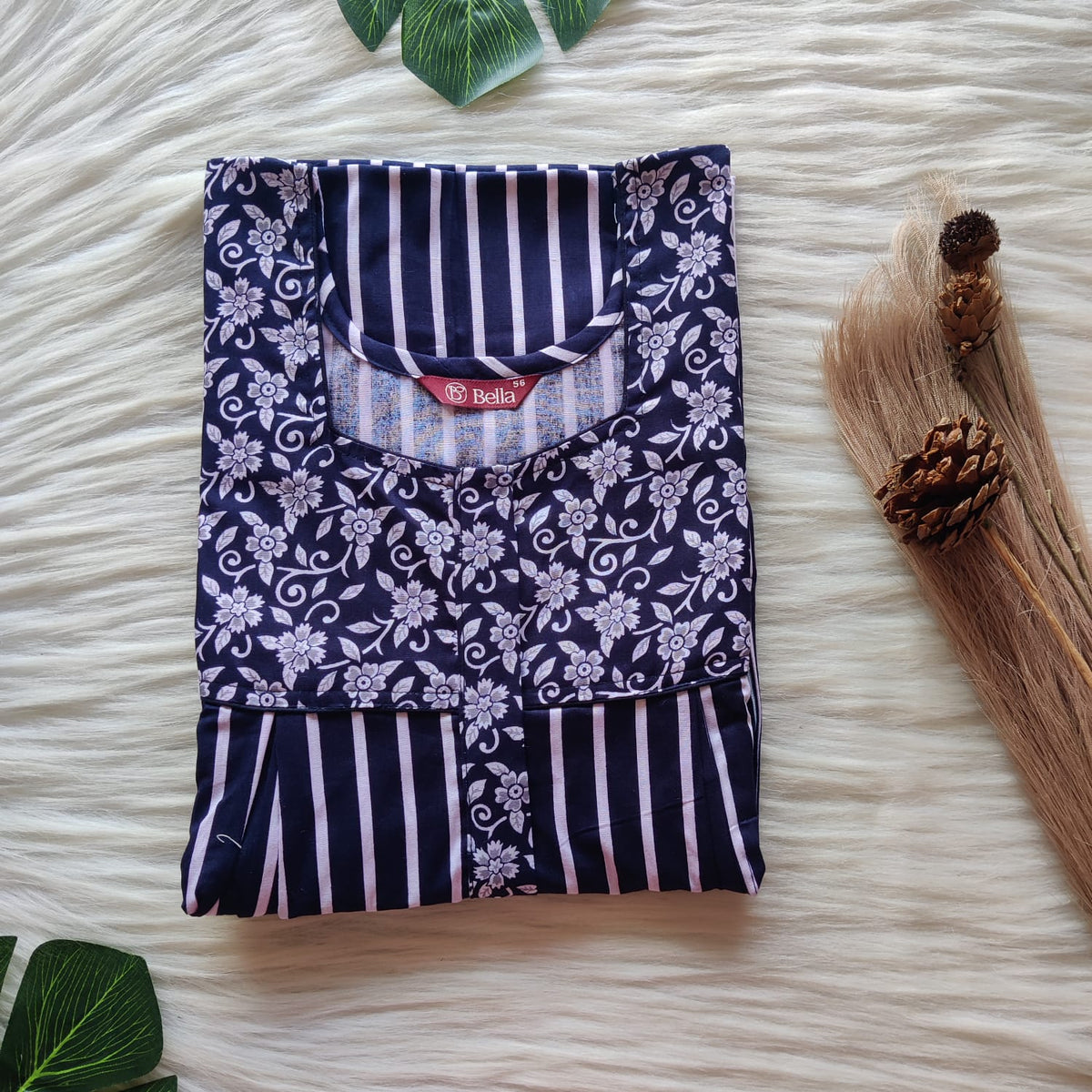 White And Navy Blue Stripes Printed Premium Cotton Pleated Vertical Zip Feeding Nighty | Free Size | Chest Width 44″| Length 54″-56″