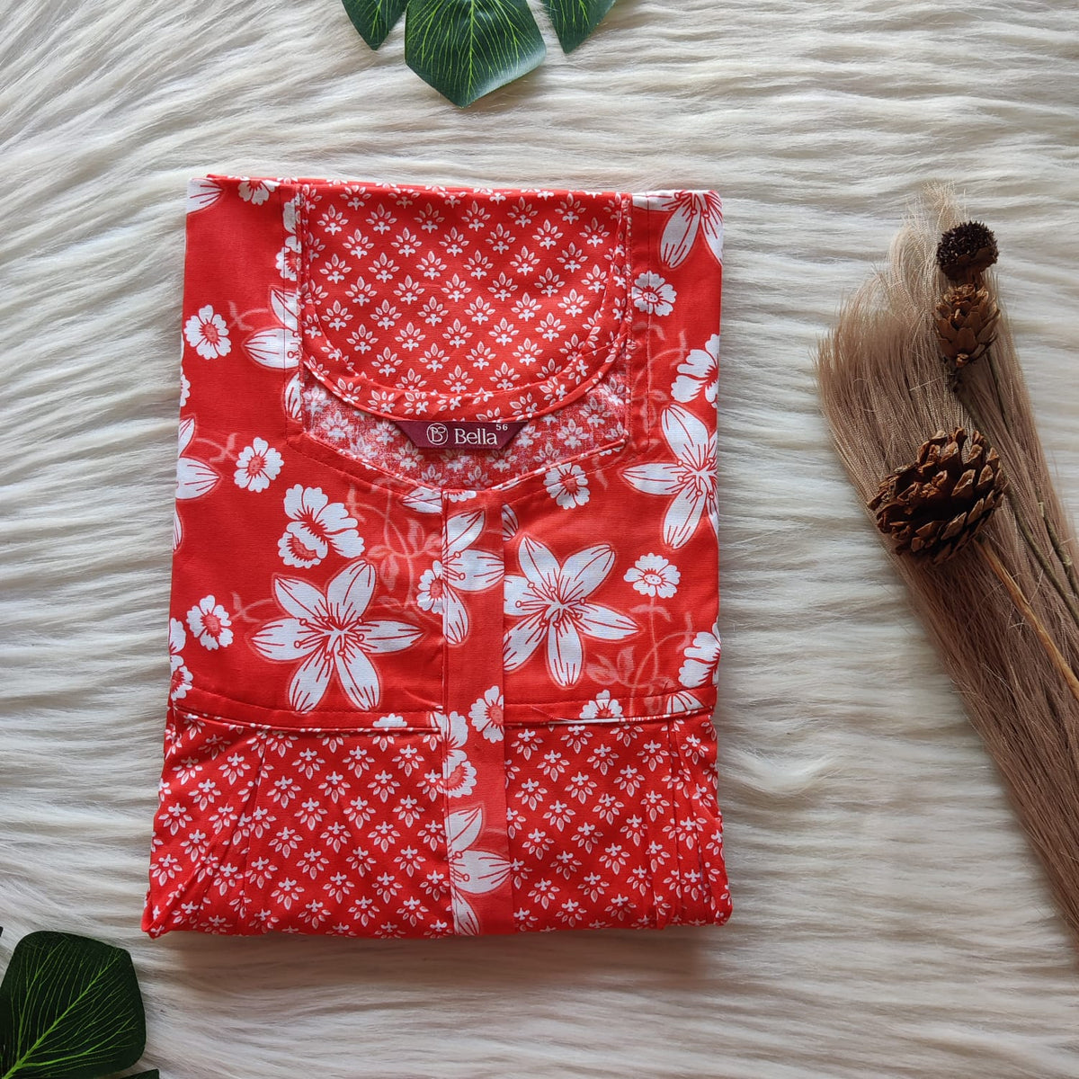 White And Orange Printed Premium Cotton Pleated Vertical Zip Feeding Nighty | Free Size | Chest Width 44″| Length 54″-56″