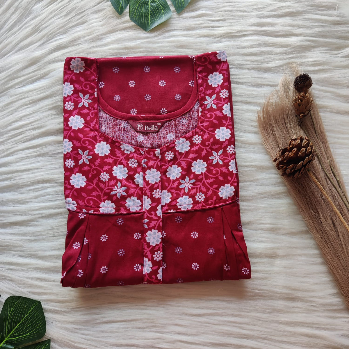 Grey And Maroon Printed Premium Cotton Pleated Vertical Zip Feeding Nighty | Free Size | Chest Width 44″| Length 54″-56″