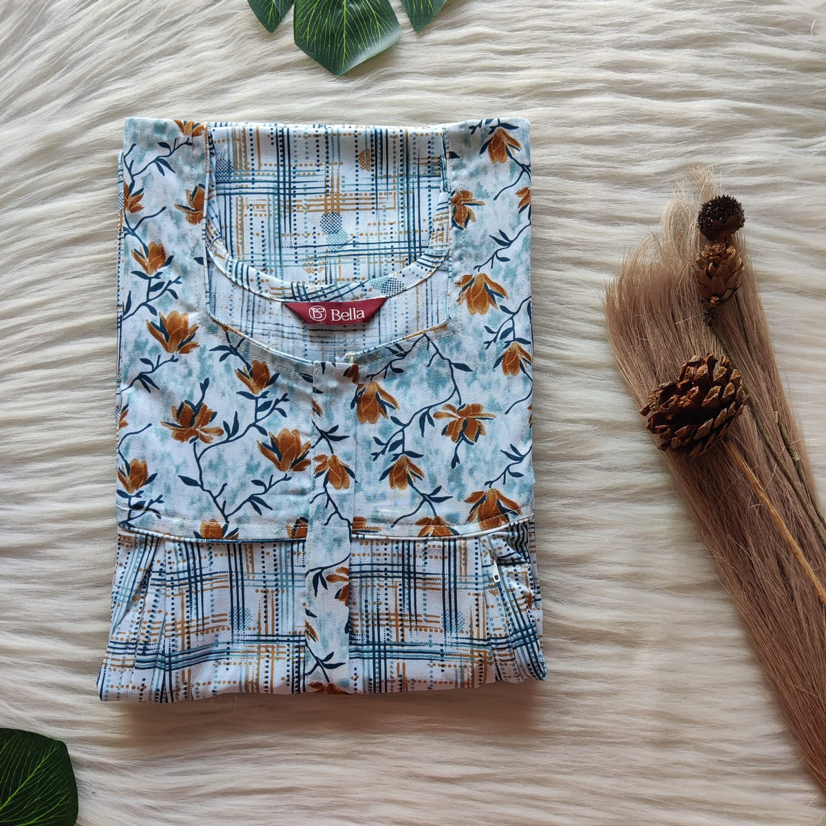 Brown And Blue Printed Premium Cotton Pleated Vertical Zip Feeding Nighty | Free Size | Chest Width 44″| Length 54″-56″
