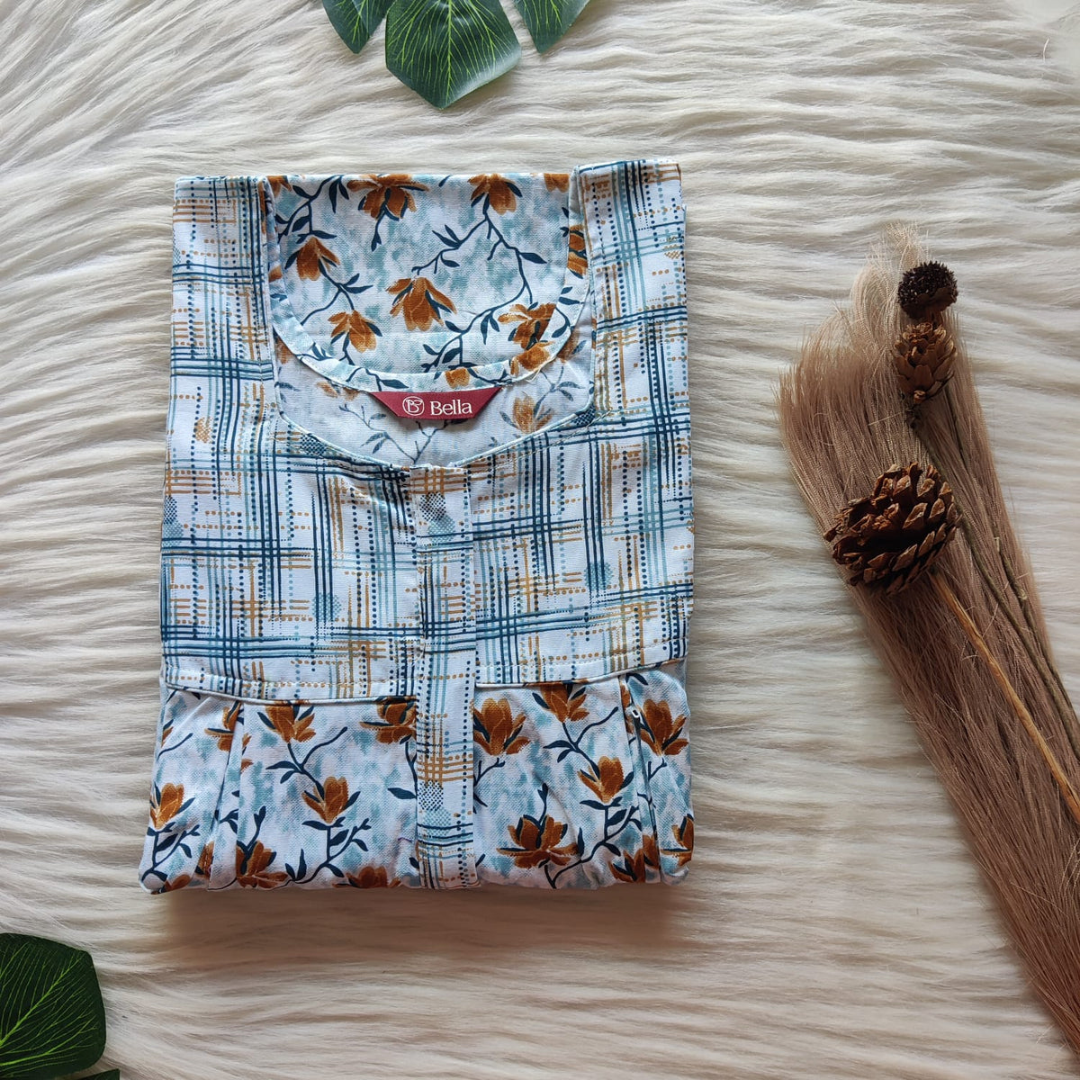 Blue And Brown Floral Printed Premium Cotton Pleated Vertical Zip Feeding Nighty | Free Size | Chest Width 44″| Length 54″-56″