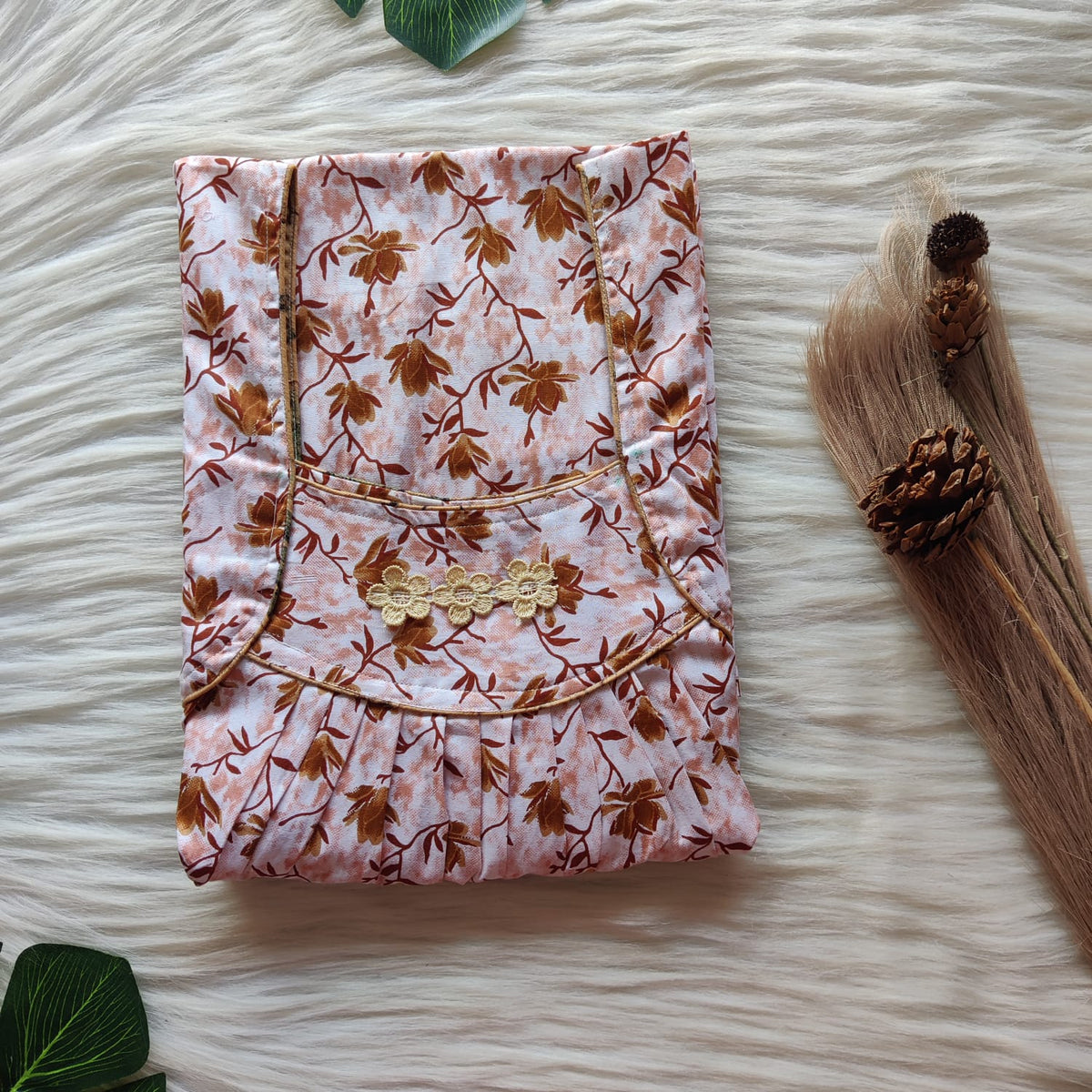 Brown Floral Printed Premium Cotton Three Flower Nighty |Free Size | Chest Width 44"| Length 54"-55"
