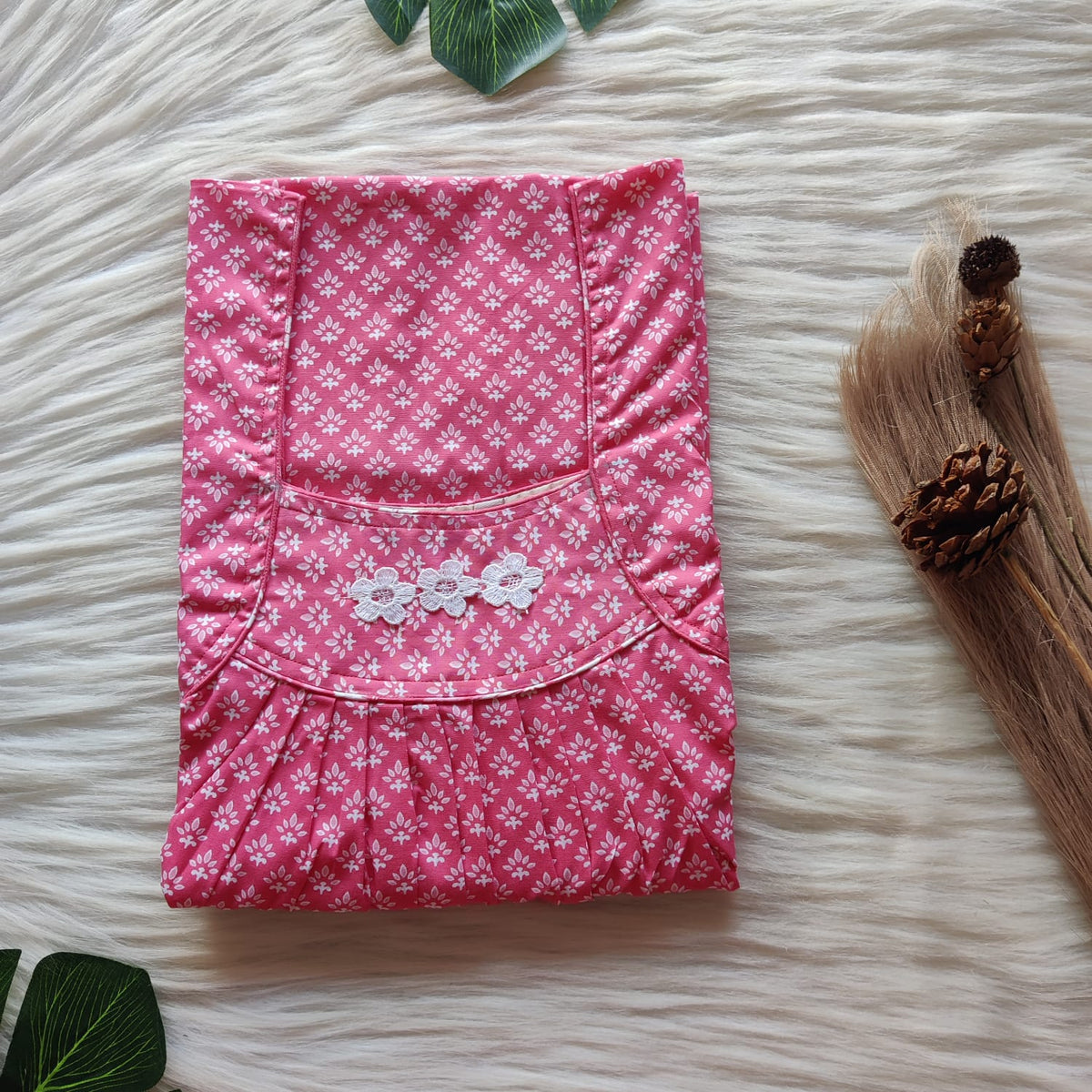 Pink Printed Premium Cotton Three Flower Nighty |Free Size | Chest Width 44"| Length 54"-55"