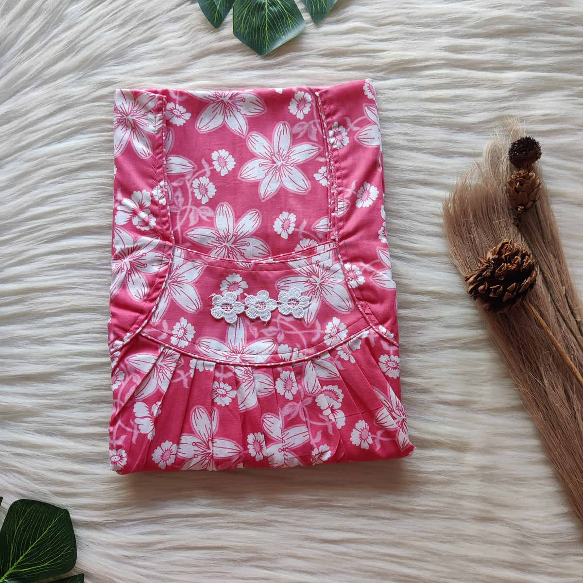 White Floral Pink Printed Premium Cotton Three Flower Nighty |Free Size | Chest Width 44"| Length 54"-55"
