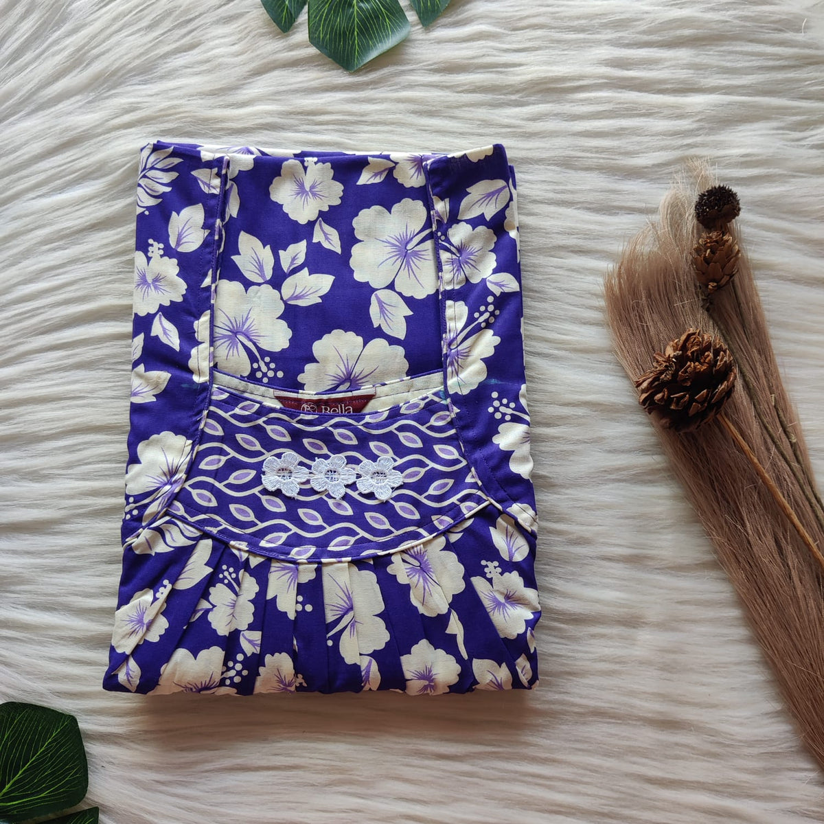 White Floral Printed Violet Premium Cotton Three Flower Nighty |Free Size | Chest Width 44"| Length 54"-55"