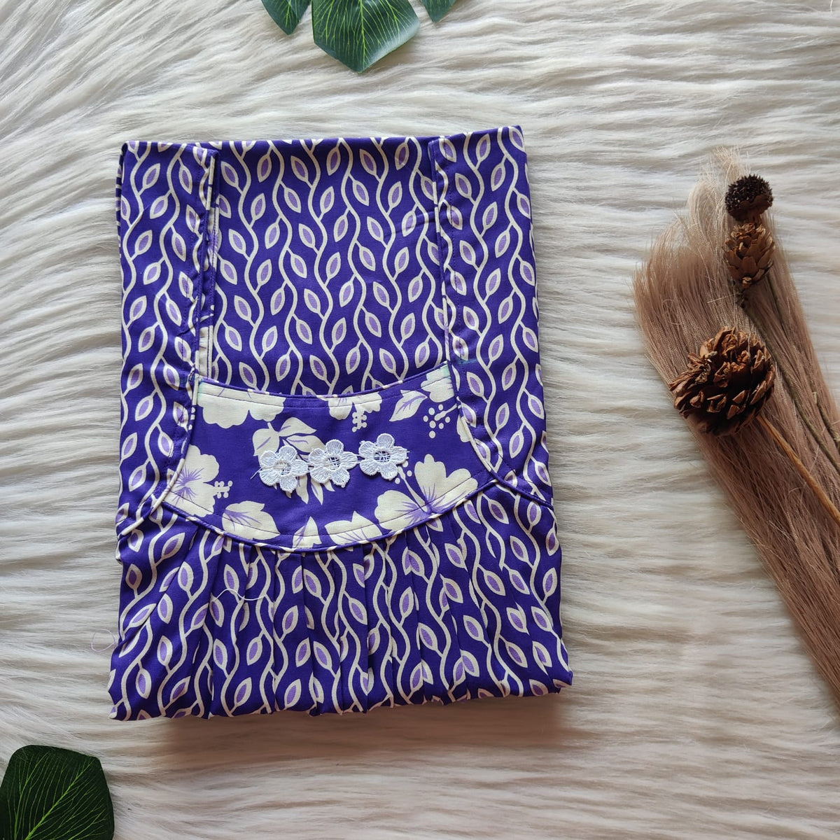 Violet Leaf Printed Premium Cotton Three Flower Nighty |Free Size | Chest Width 44"| Length 54"-55"