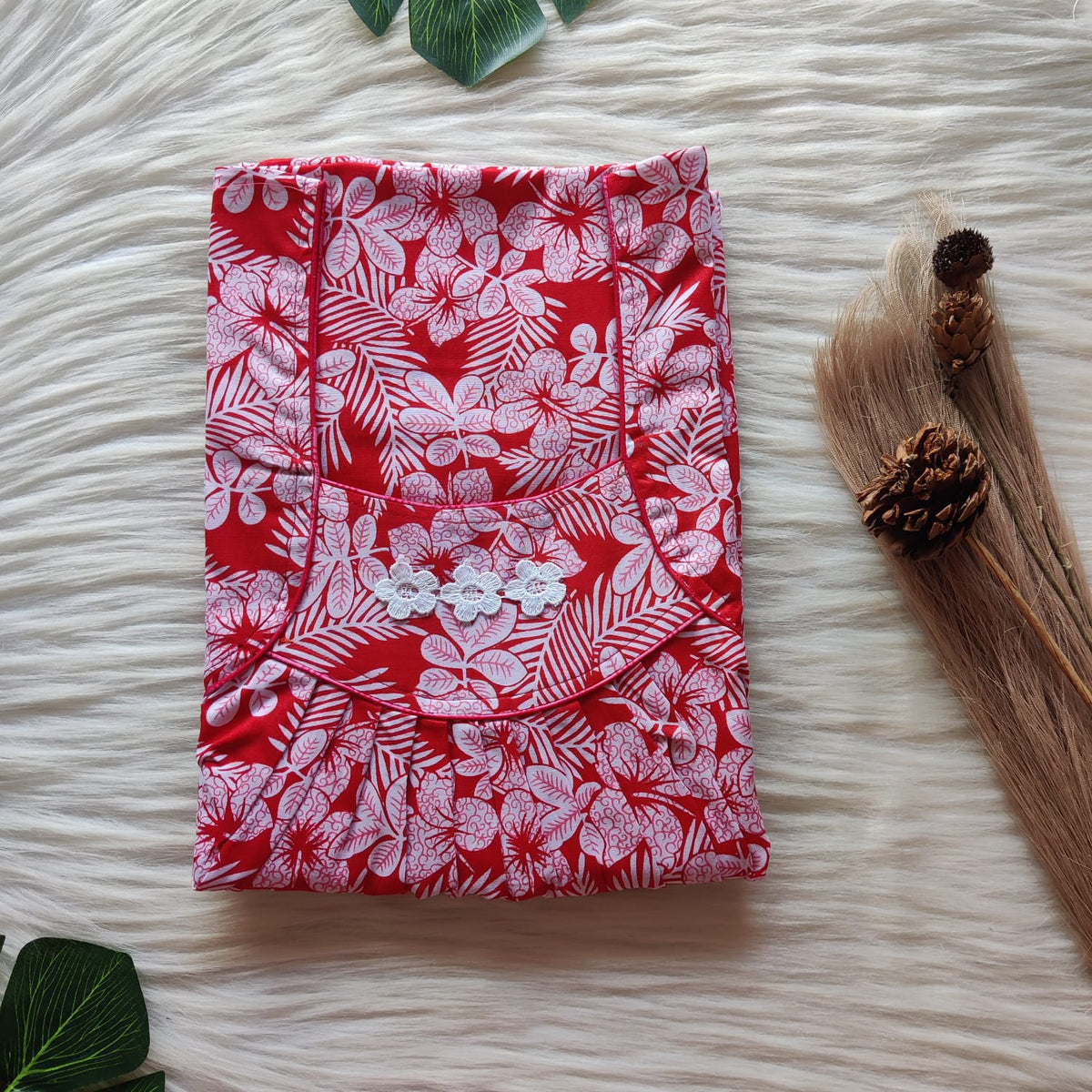 White Floral Printed Red Premium Cotton Three Flower Nighty |Free Size | Chest Width 44"| Length 54"-55"