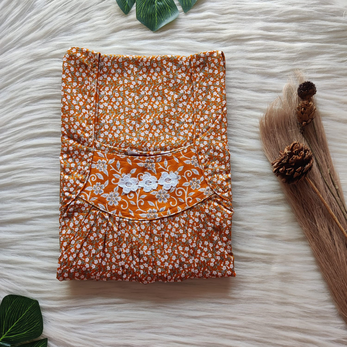 White Floral Printed Orange Premium Cotton Three Flower Nighty |Free Size | Chest Width 44"| Length 54"-55"
