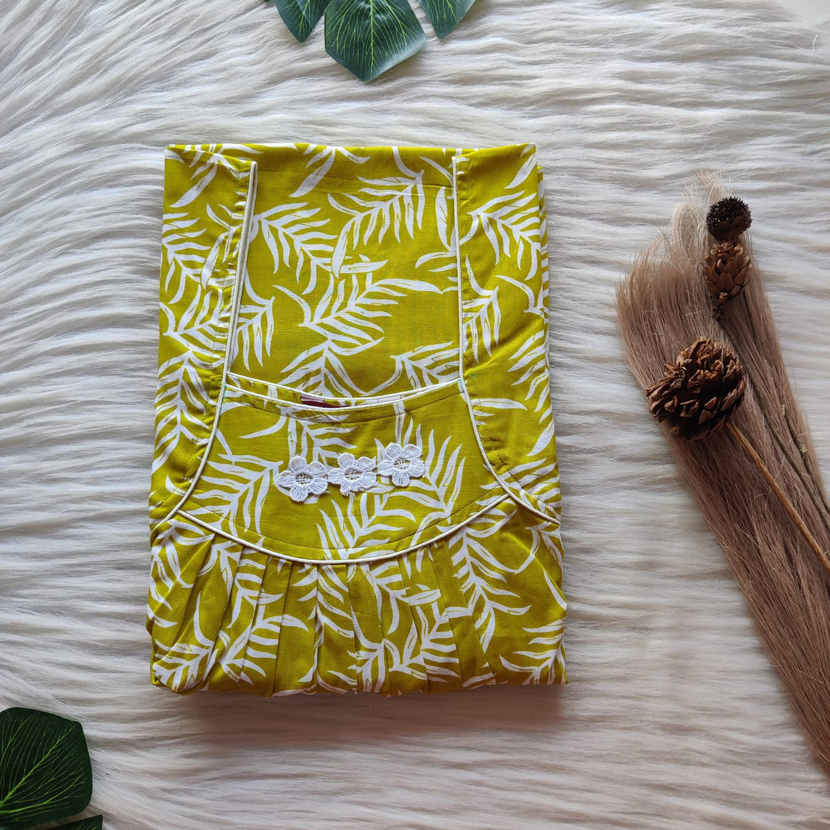 Green Leaf Printed Premium Cotton Three Flower Nighty |Free Size | Chest Width 44"| Length 54"-55"
