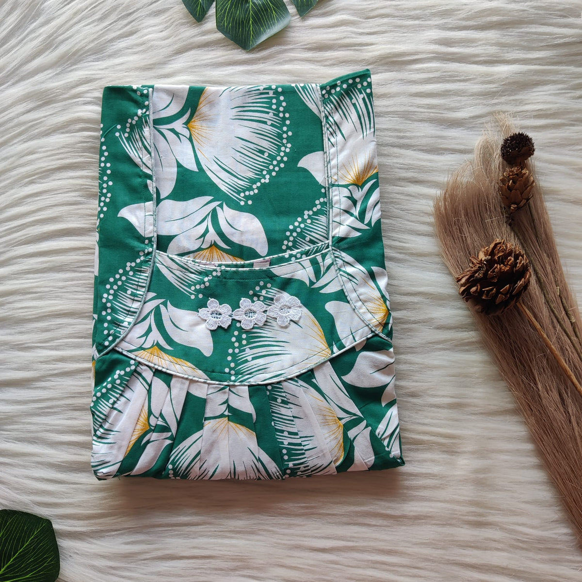 Green Floral Printed Premium Cotton Three Flower Nighty |Free Size | Chest Width 44"| Length 54"-55"