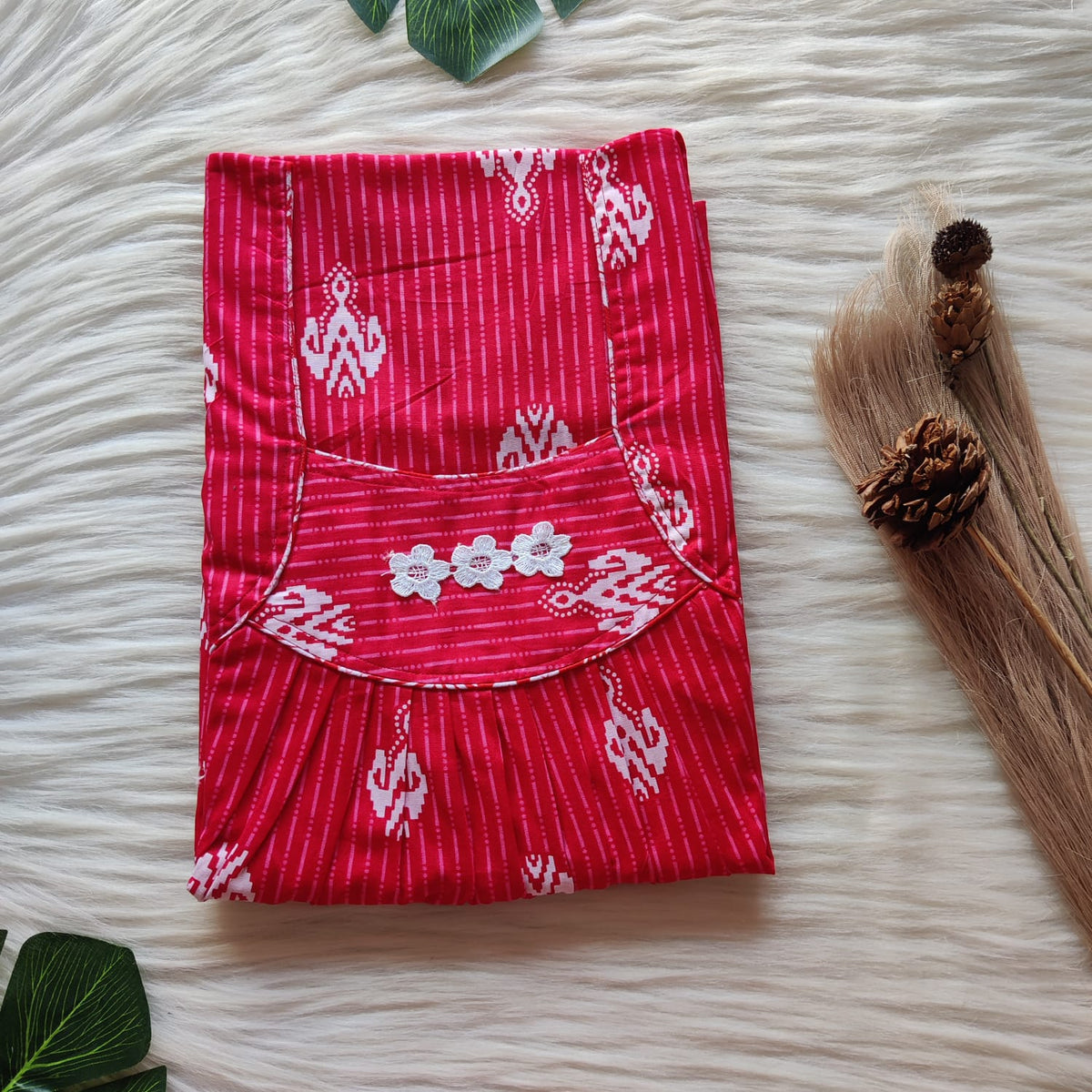 Red Printed Premium Cotton Three Flower Nighty |Free Size | Chest Width 44"| Length 54"-55"