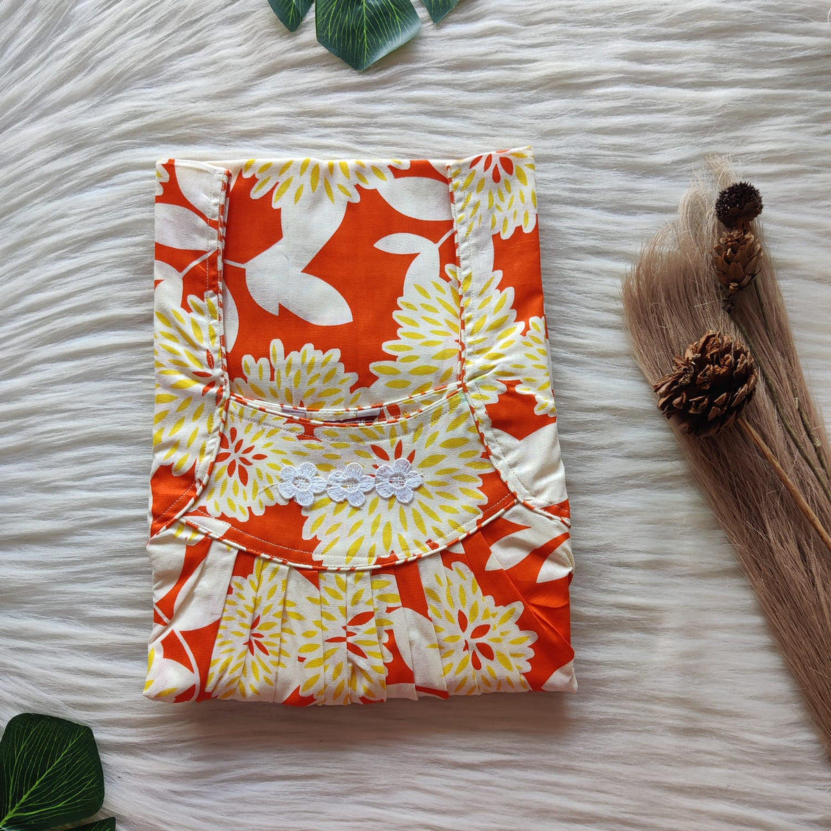 Yellow Floral Printed Orange Premium Cotton Three Flower Nighty |Free Size | Chest Width 44"| Length 54"-55"
