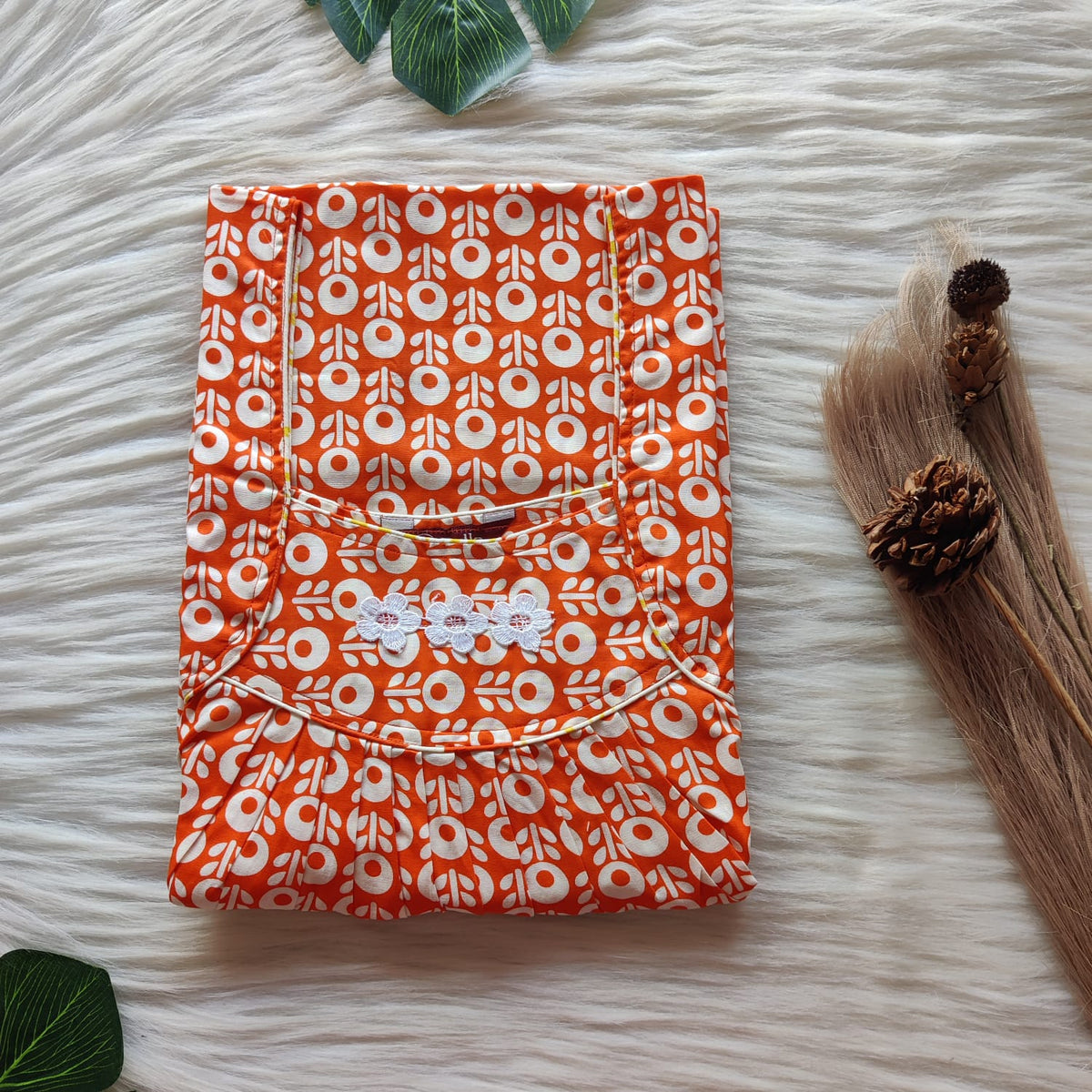 White Printed Orange Premium Cotton Three Flower Nighty |Free Size | Chest Width 44"| Length 54"-55"