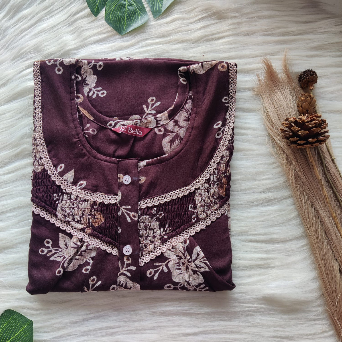 Coffee Brown Printed Alfine Smoke Lace Button Nighty | Free Size | Chest Width 44″| Length 54″-56″
