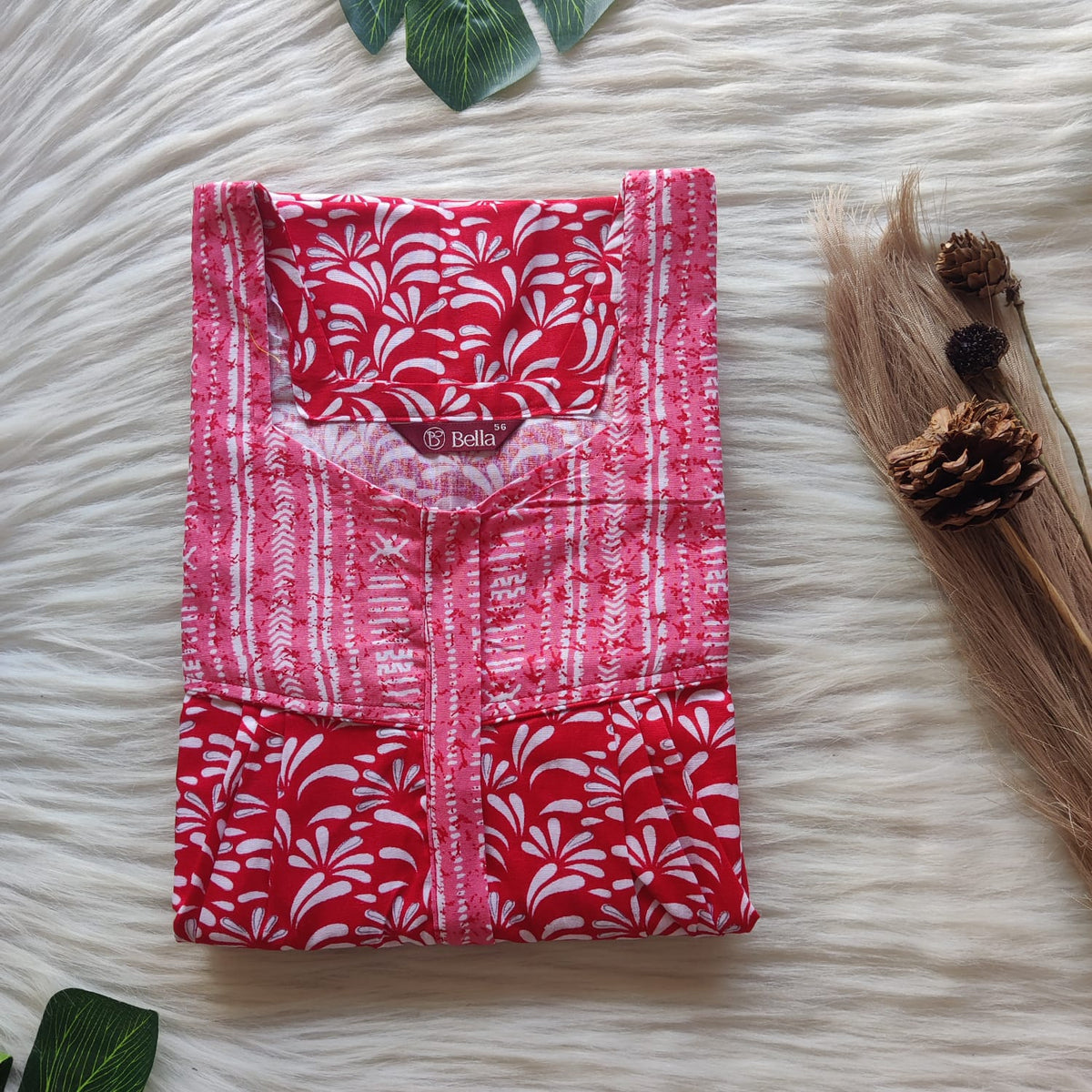 Pink And Red Printed Premium Cotton Square Neck Pleated Nighty | Free Size | Chest Width 44″| Length 55″-56″