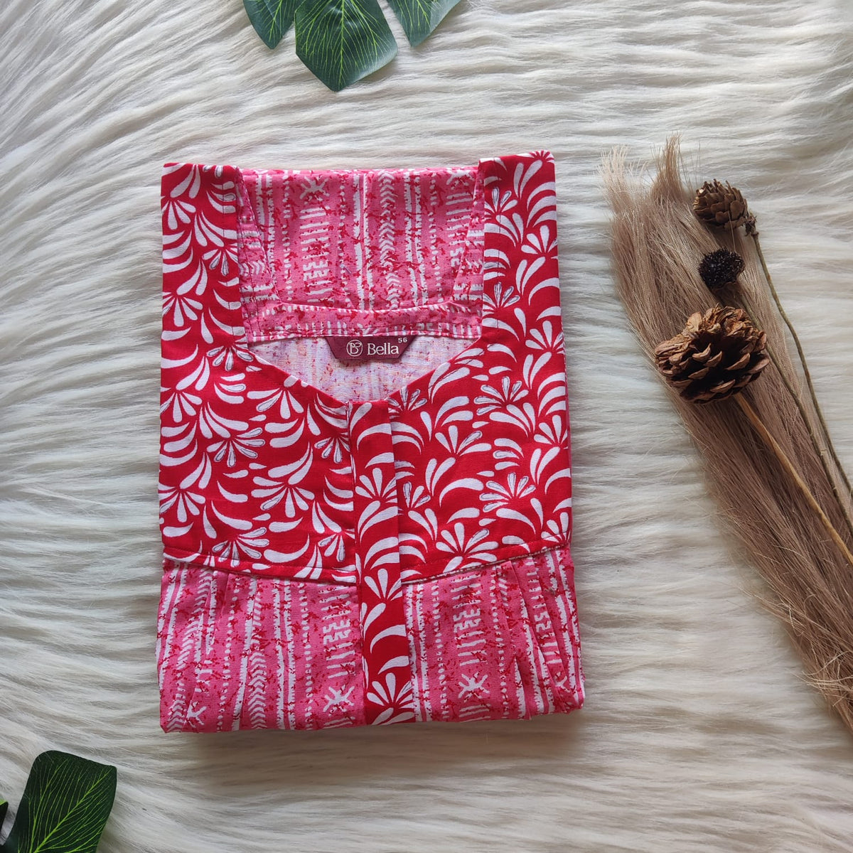 Red And Pink Printed Premium Cotton Square Neck Pleated Nighty | Free Size | Chest Width 44″| Length 55″-56″