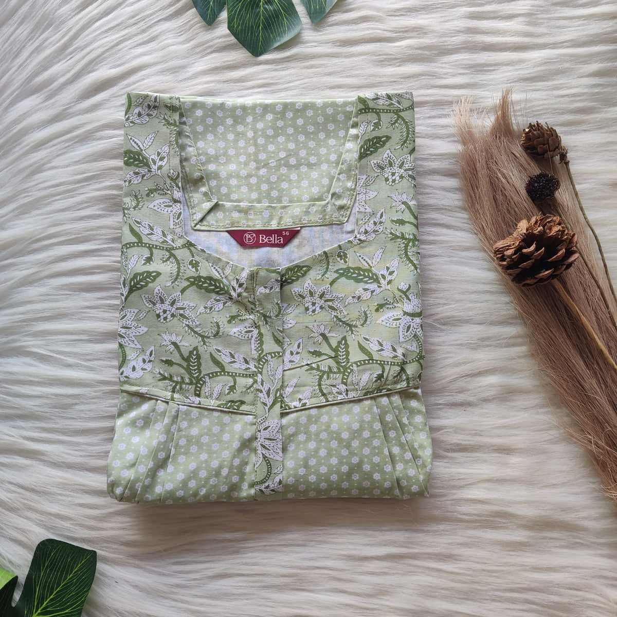 Green And White Dot Printed Premium Cotton Square Neck Pleated Nighty | Free Size | Chest Width 44″| Length 55″-56″