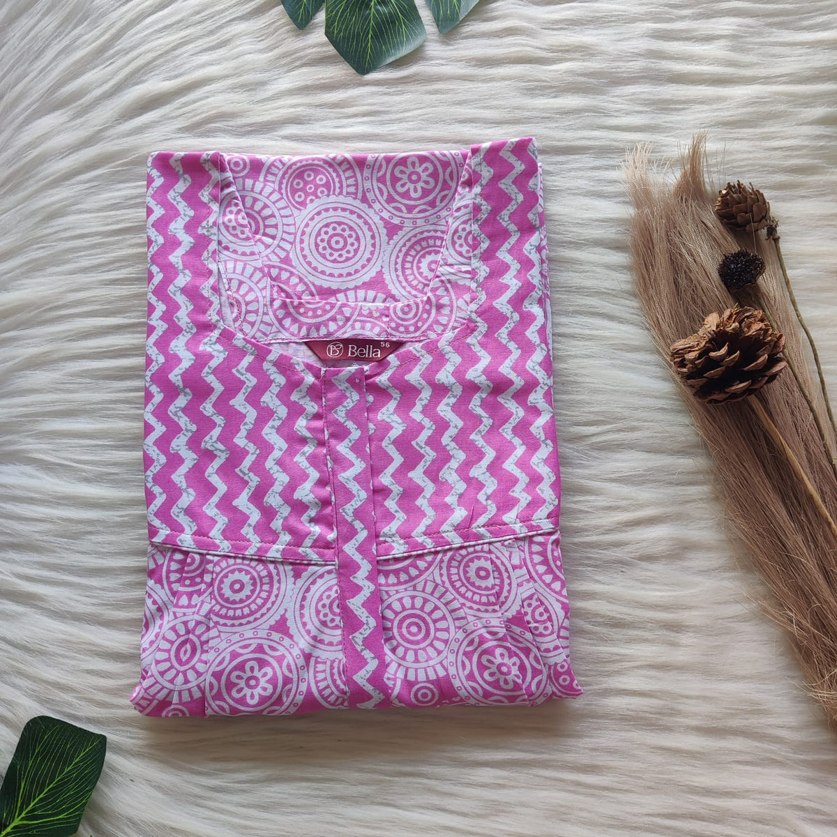 Pink And White Printed Premium Cotton Square Neck Pleated Nighty | Free Size | Chest Width 44″| Length 55″-56″