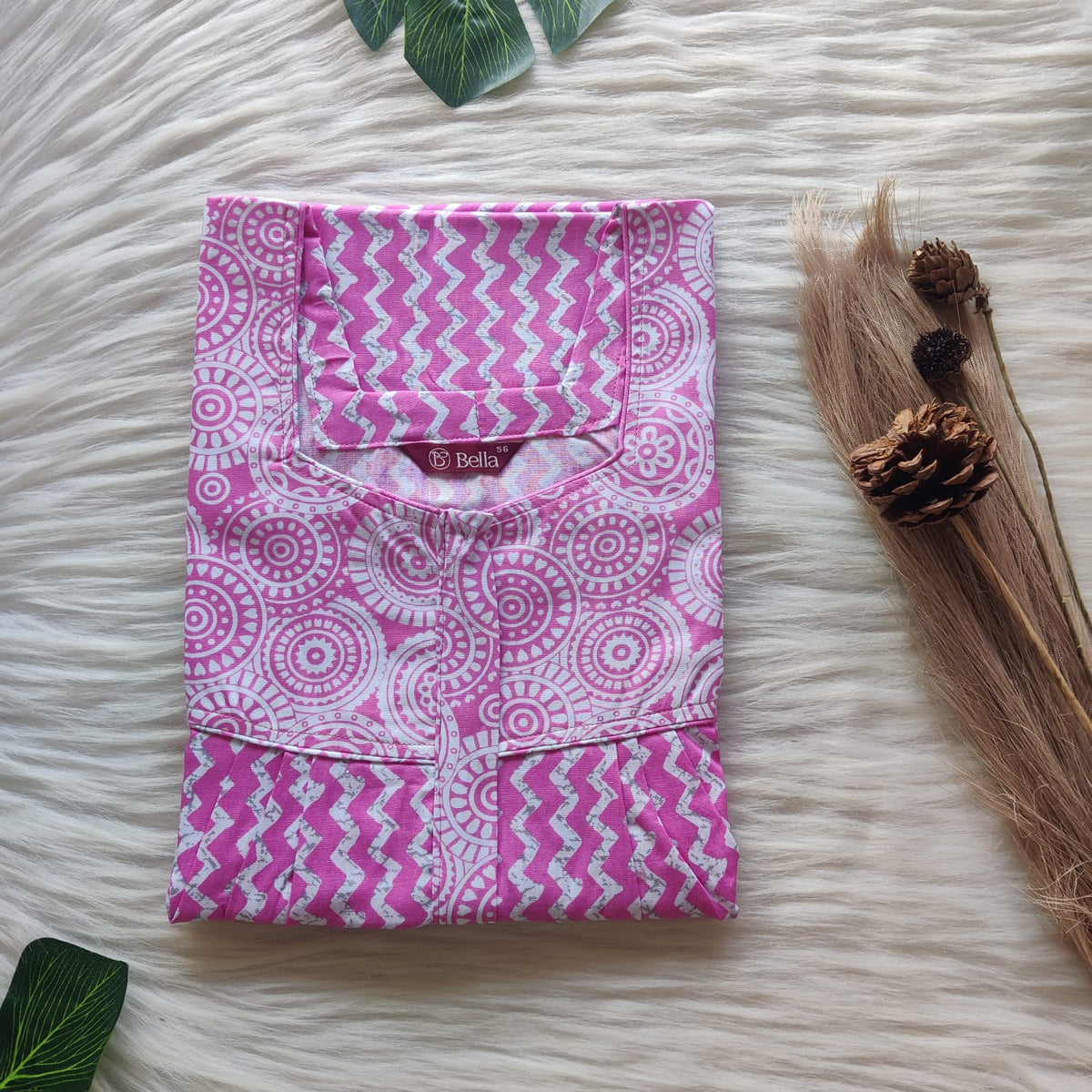 White And Pink Zig Zag Printed Premium Cotton Square Neck Pleated Nighty | Free Size | Chest Width 44″| Length 55″-56″