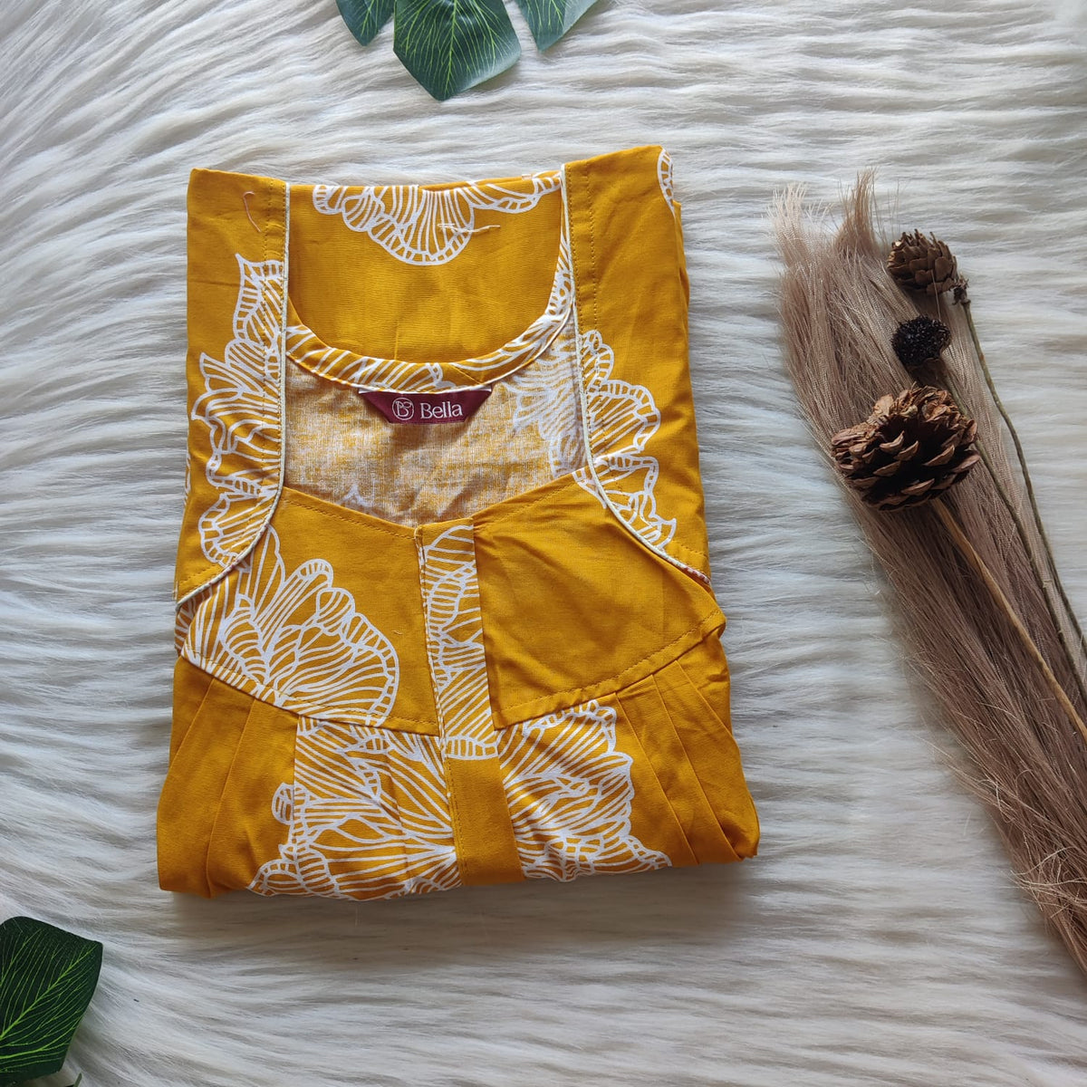 White Floral Printed Mustard Yellow Premium Cotton Pleated Zip Nighty | Free Size | Chest Width 44″| Length 54″-55″