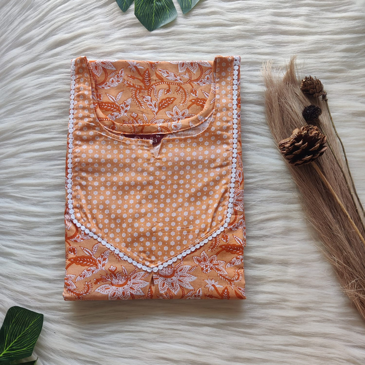 Pastel Orange And White Floral Printed Premium Cotton Mix N Match Lace Pocket Nighty | Free Size | Chest Width 44″| Length 56″