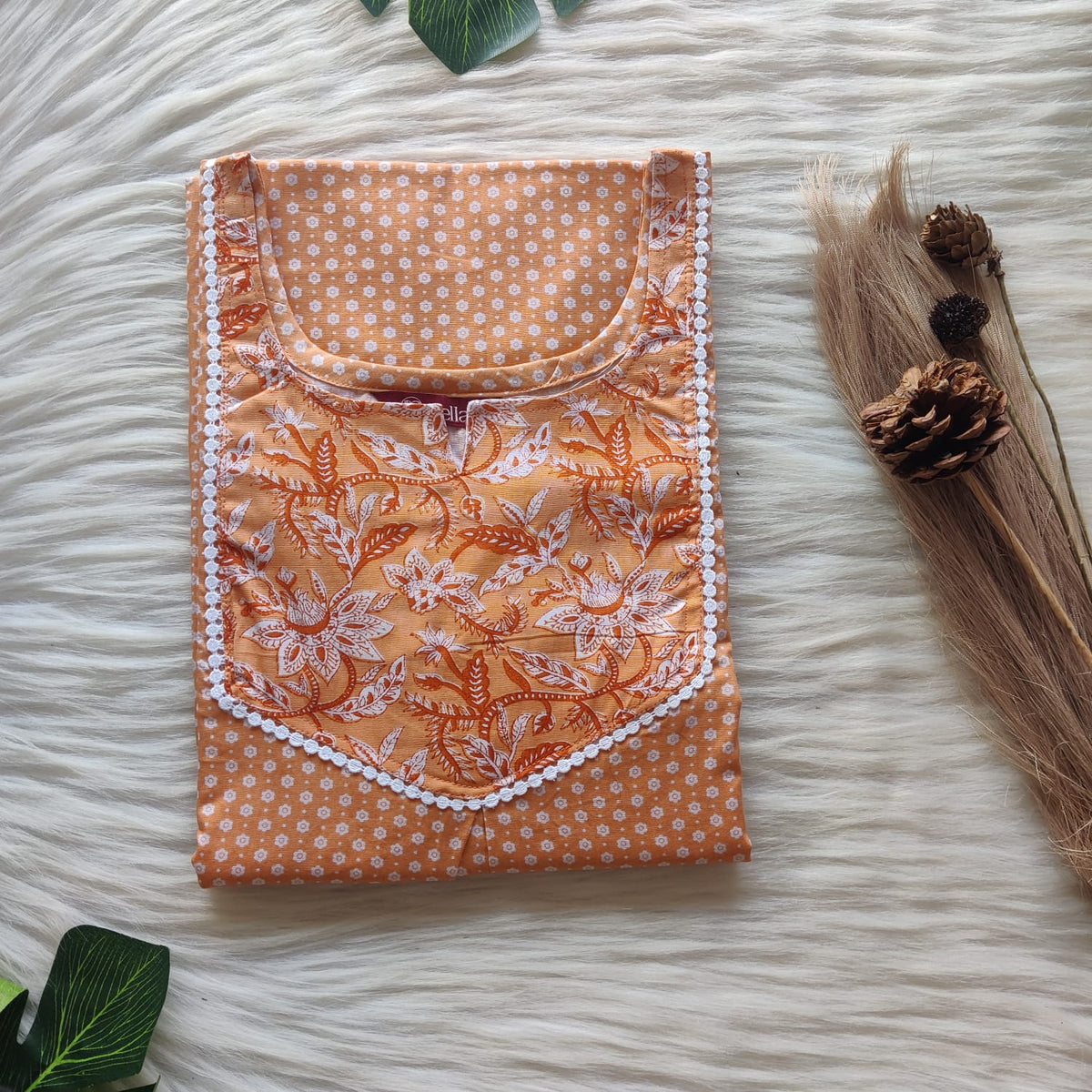 White And Pastel Orange Floral Printed Premium Cotton Mix N Match Lace Pocket Nighty | Free Size | Chest Width 44″| Length 56″