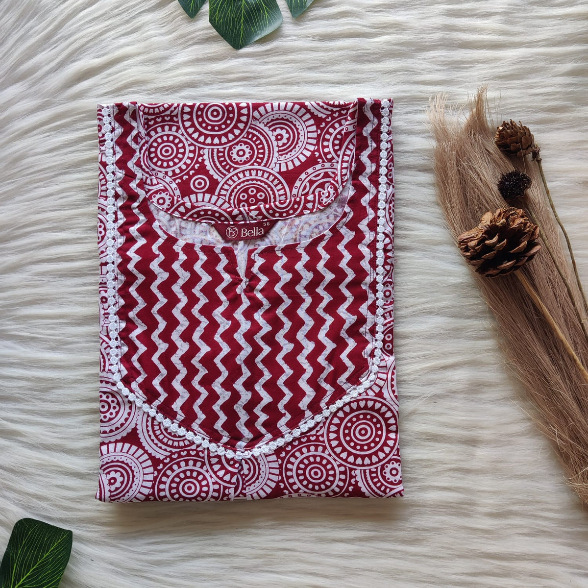 Maroon And White Floral Printed Premium Cotton Mix N Match Lace Pocket Nighty | Free Size | Chest Width 44″| Length 56″