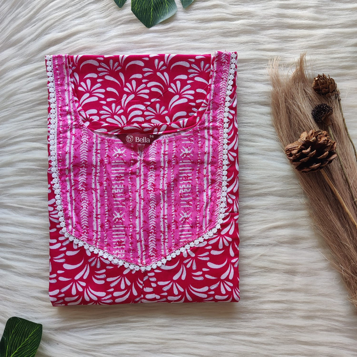 Pale And Dark Pink Printed Premium Cotton Mix N Match Lace Pocket Nighty | Free Size | Chest Width 44″| Length 56″