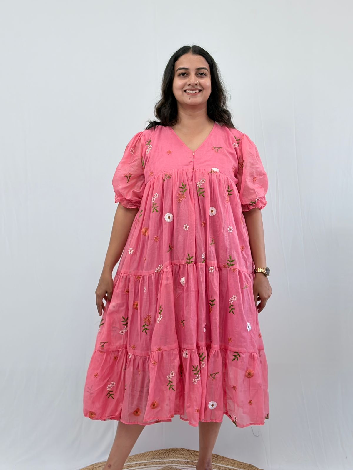 Peach Floral Embroidered Mul Chanderi Flared Feeding Gown With Single Centre Invisible Zip | Free Size | 44" length