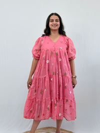 Peach Floral Embroidered Mul Chanderi Flared Feeding Gown With Single Centre Invisible Zip | Free Size | 44" length