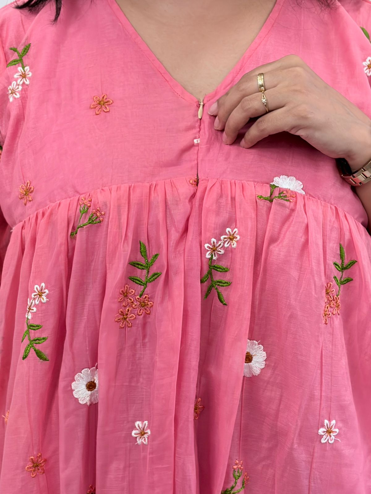 Peach Floral Embroidered Mul Chanderi Flared Feeding Gown With Single Centre Invisible Zip | Free Size | 44" length