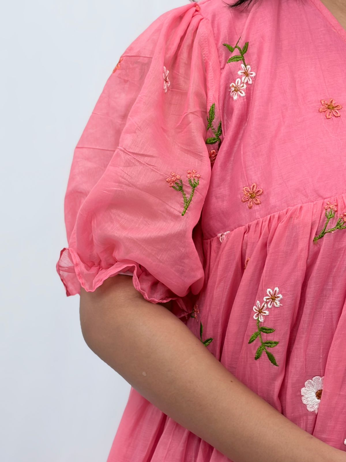 Peach Floral Embroidered Mul Chanderi Flared Feeding Gown With Single Centre Invisible Zip | Free Size | 44" length
