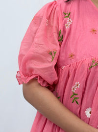 Peach Floral Embroidered Mul Chanderi Flared Feeding Gown With Single Centre Invisible Zip | Free Size | 44" length