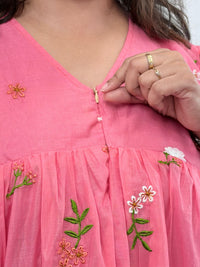 Peach Floral Embroidered Mul Chanderi Flared Feeding Gown With Single Centre Invisible Zip | Free Size | 44" length