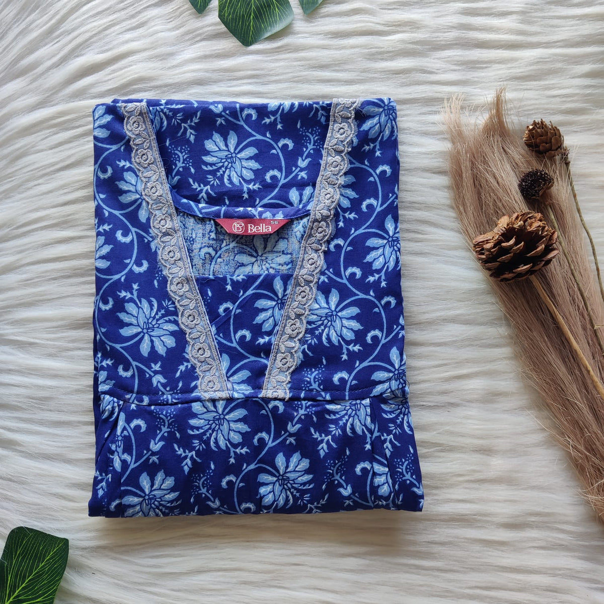 Blue Floral Printed Premium Cotton Two Side Vertical Lace Zip Feeding Nighty | Free Size | Chest Width 44″| Length 56″